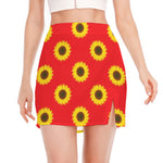 Red Sunflower Pattern Print Side Slit Mini Skirt