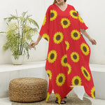 Red Sunflower Pattern Print Silk V-Neck Kaftan Dress