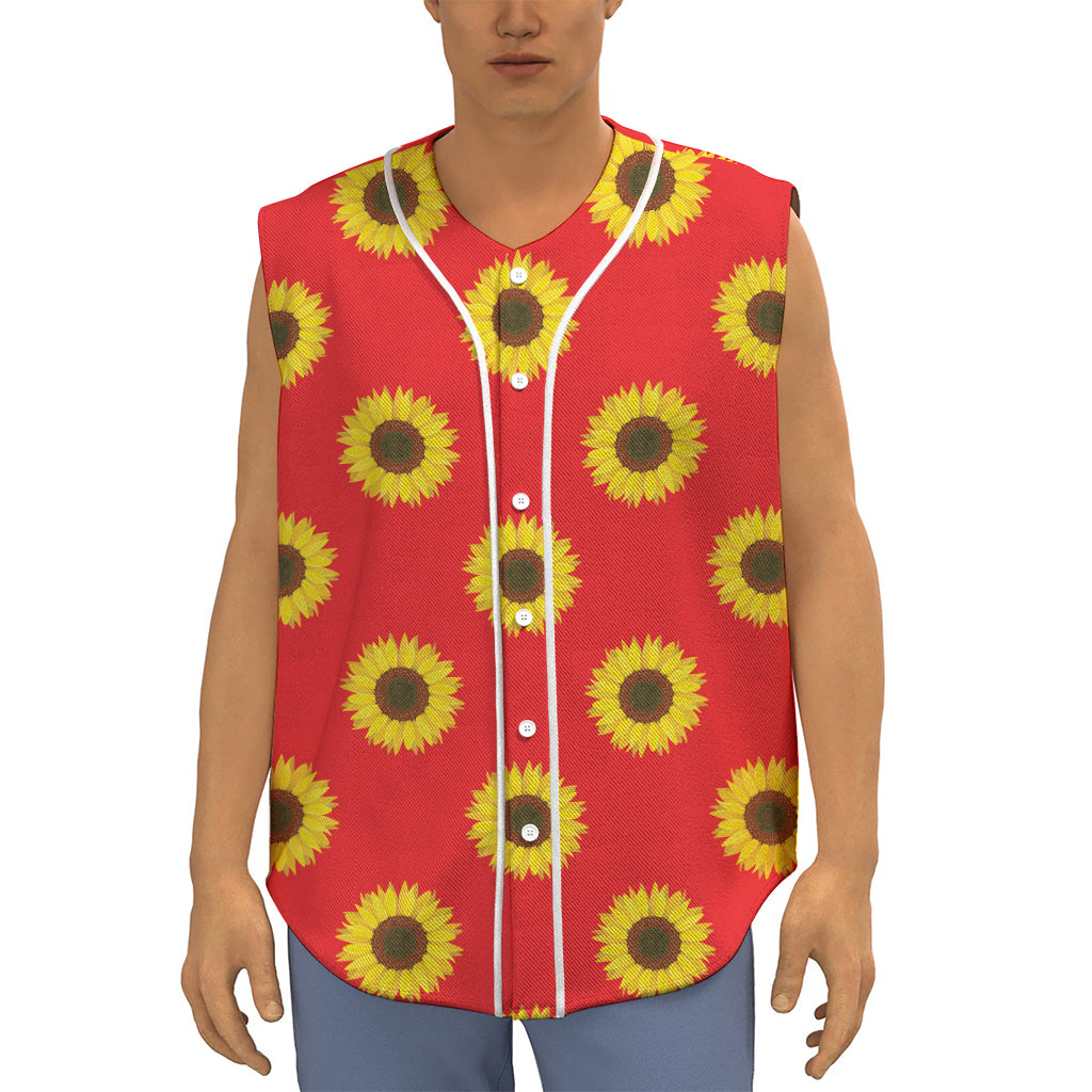 Red Sunflower Pattern Print Sleeveless Baseball Jersey