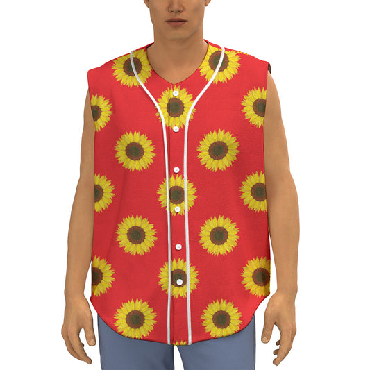 Red Sunflower Pattern Print Sleeveless Baseball Jersey
