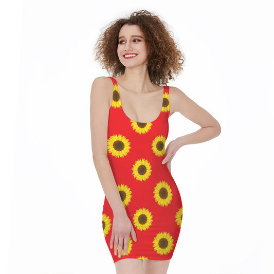 Red Sunflower Pattern Print Sleeveless Bodycon Dress
