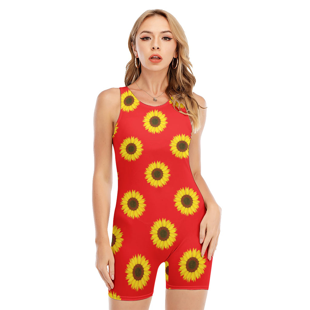 Red Sunflower Pattern Print Sleeveless One Piece Swimsuit