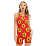 Red Sunflower Pattern Print Sleeveless One Piece Swimsuit