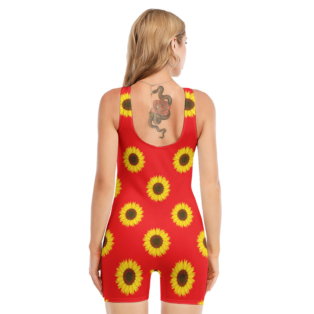 Red Sunflower Pattern Print Sleeveless One Piece Swimsuit