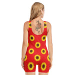 Red Sunflower Pattern Print Sleeveless One Piece Swimsuit