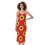 Red Sunflower Pattern Print Slim Fit Midi Cami Dress
