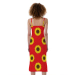 Red Sunflower Pattern Print Slim Fit Midi Cami Dress
