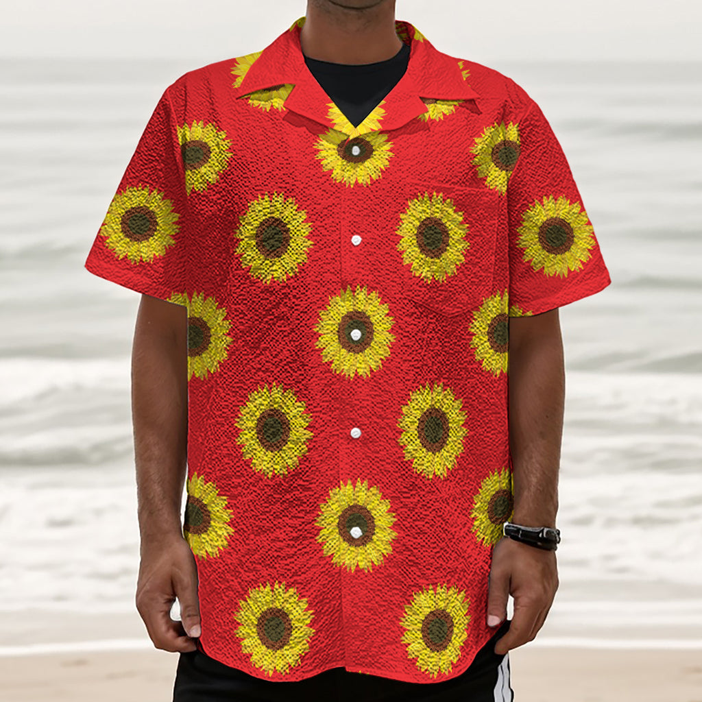 Red Sunflower Pattern Print Textured Short Sleeve Shirt