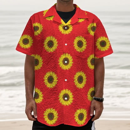 Red Sunflower Pattern Print Textured Short Sleeve Shirt