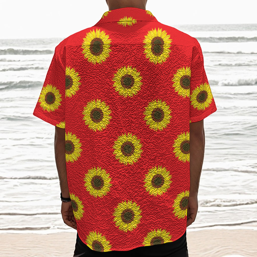 Red Sunflower Pattern Print Textured Short Sleeve Shirt