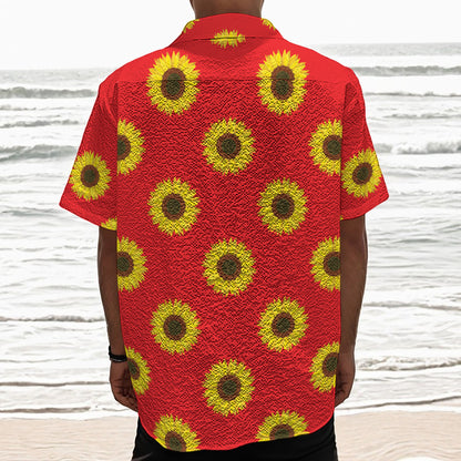 Red Sunflower Pattern Print Textured Short Sleeve Shirt