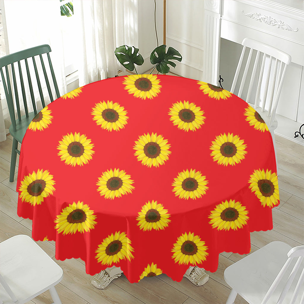 Red Sunflower Pattern Print Waterproof Round Tablecloth
