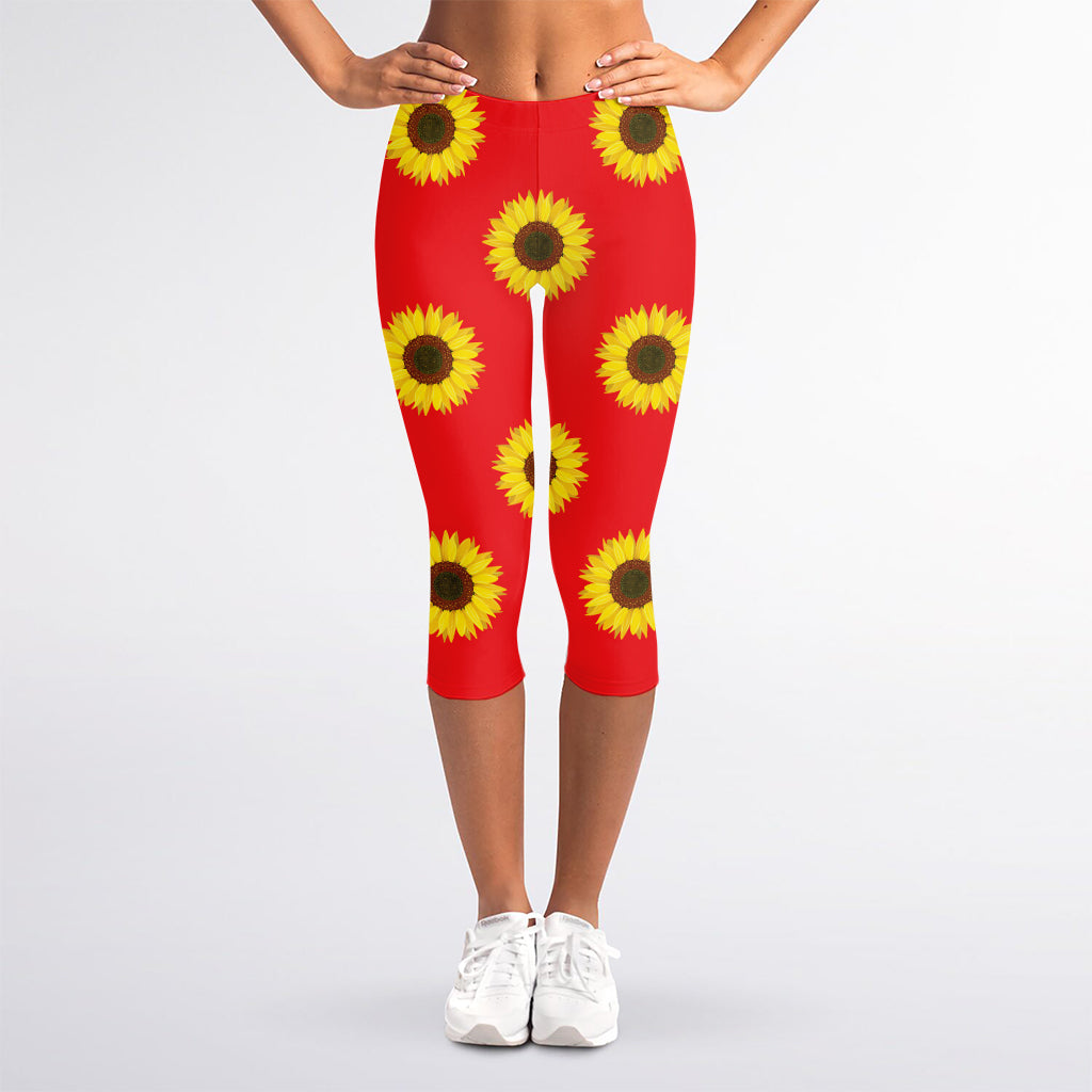 Red Sunflower Pattern Print Women's Capri Leggings