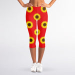 Red Sunflower Pattern Print Women's Capri Leggings