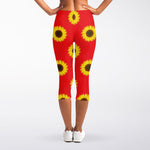 Red Sunflower Pattern Print Women's Capri Leggings