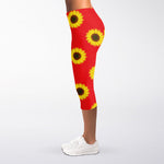 Red Sunflower Pattern Print Women's Capri Leggings