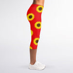 Red Sunflower Pattern Print Women's Capri Leggings