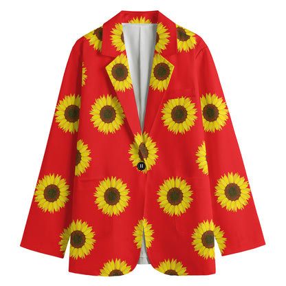 Red Sunflower Pattern Print Women's Cotton Blazer
