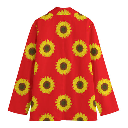 Red Sunflower Pattern Print Women's Cotton Blazer