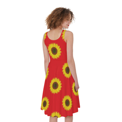 Red Sunflower Pattern Print Women's Sleeveless Dress
