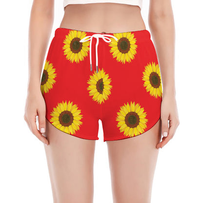 Red Sunflower Pattern Print Women's Split Running Shorts