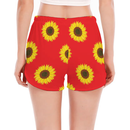 Red Sunflower Pattern Print Women's Split Running Shorts
