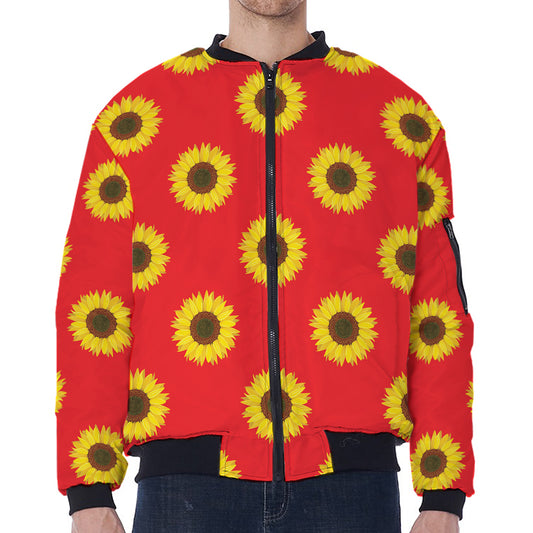 Red Sunflower Pattern Print Zip Sleeve Bomber Jacket