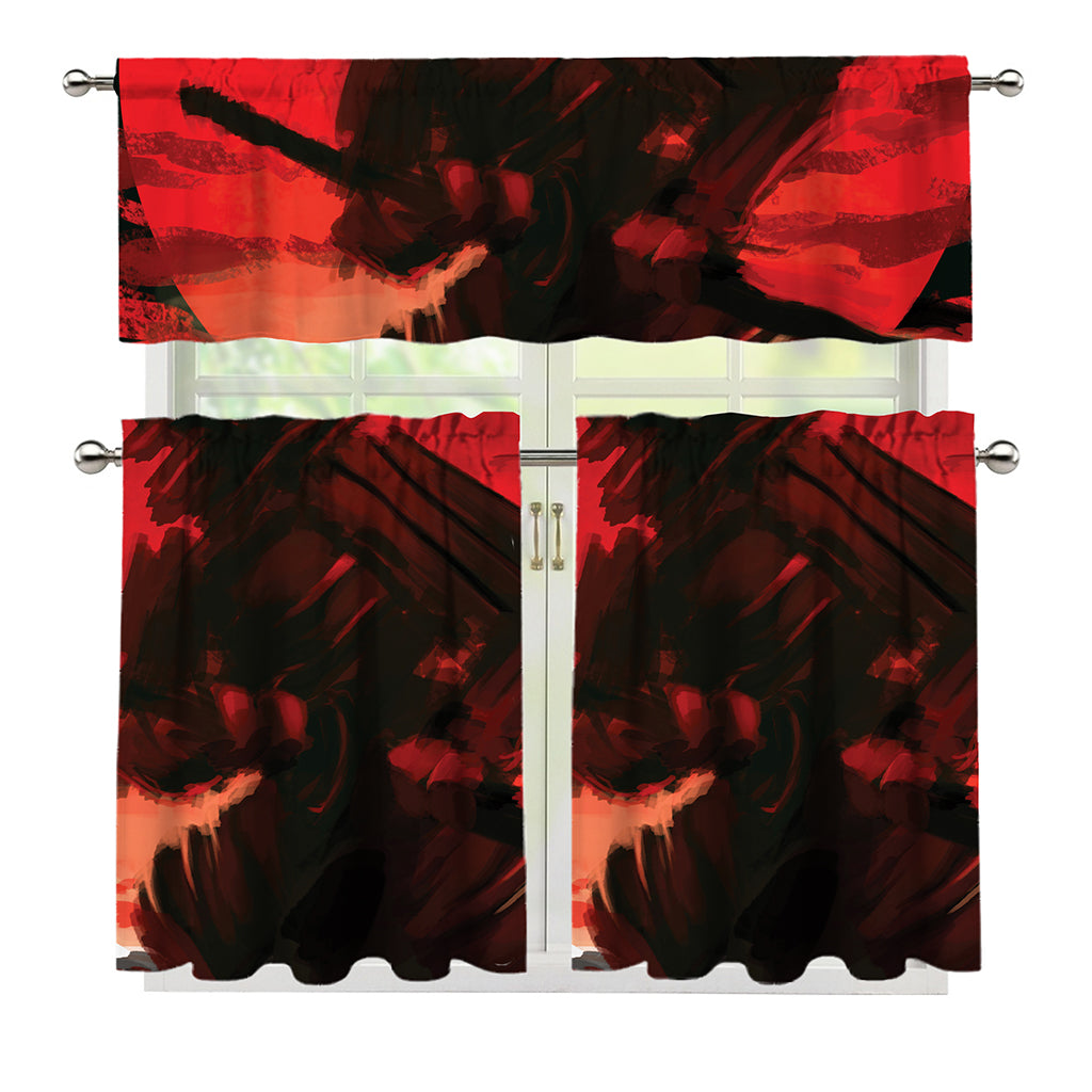 Red Sunset Samurai Print 3 Piece Kitchen Curtains