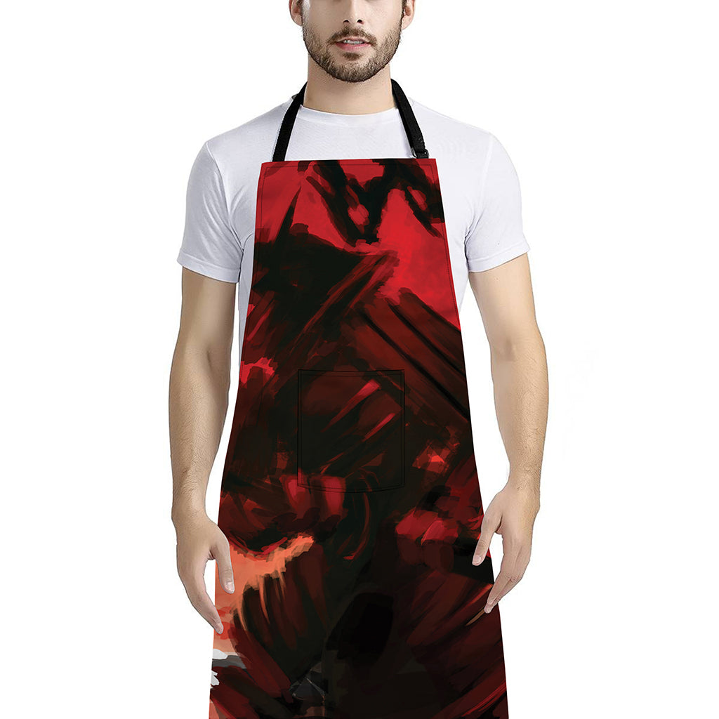 Red Sunset Samurai Print Bib Apron With Pocket