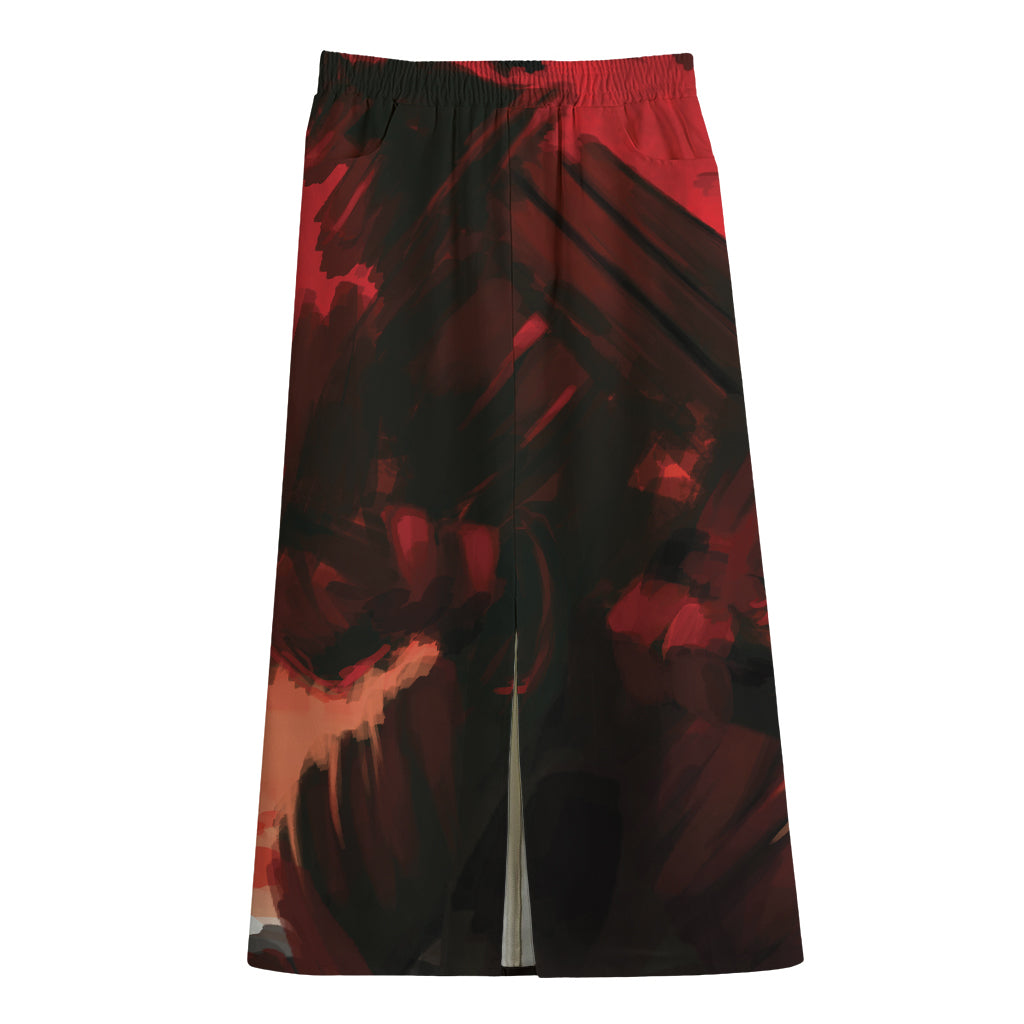 Red Sunset Samurai Print Cotton Front Slit Maxi Skirt