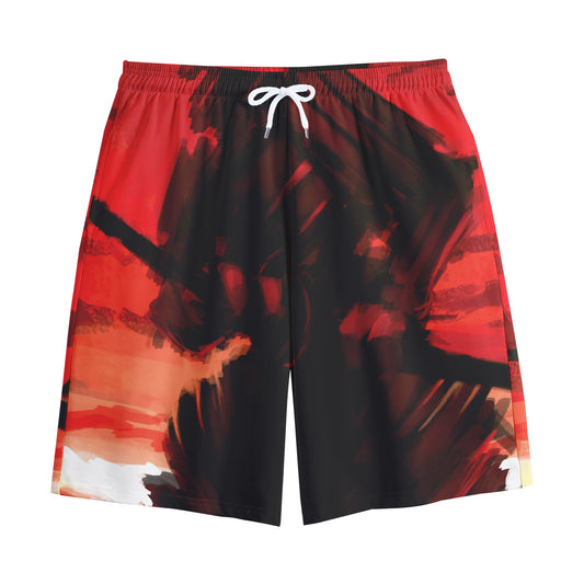 Red Sunset Samurai Print Cotton Shorts