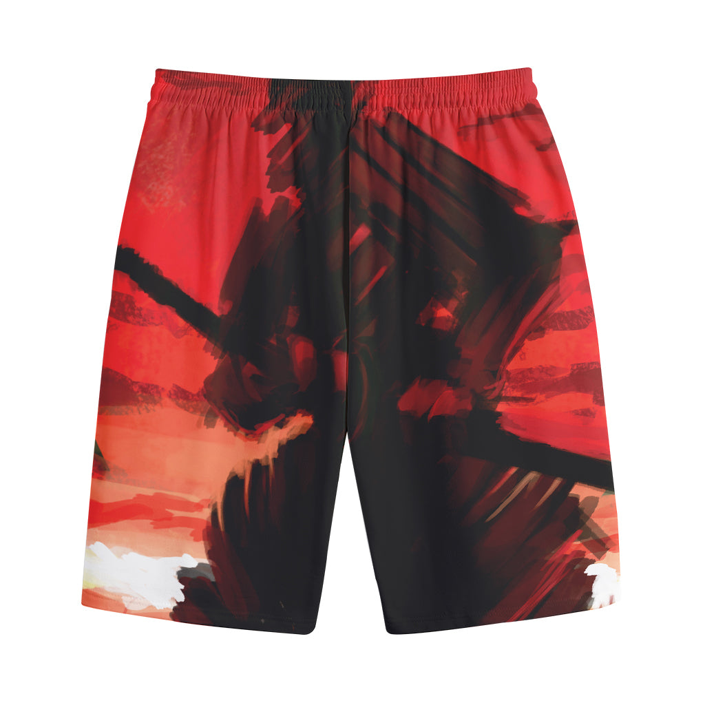 Red Sunset Samurai Print Cotton Shorts