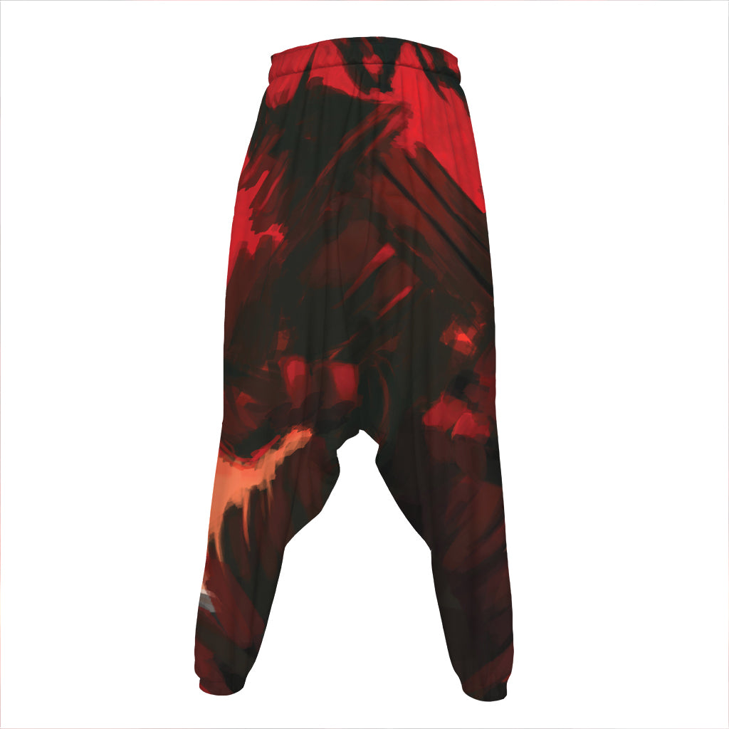 Red Sunset Samurai Print Hammer Pants