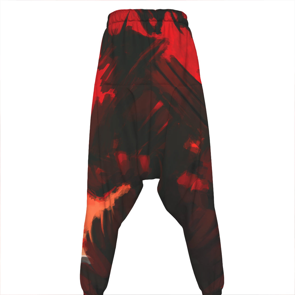 Red Sunset Samurai Print Hammer Pants