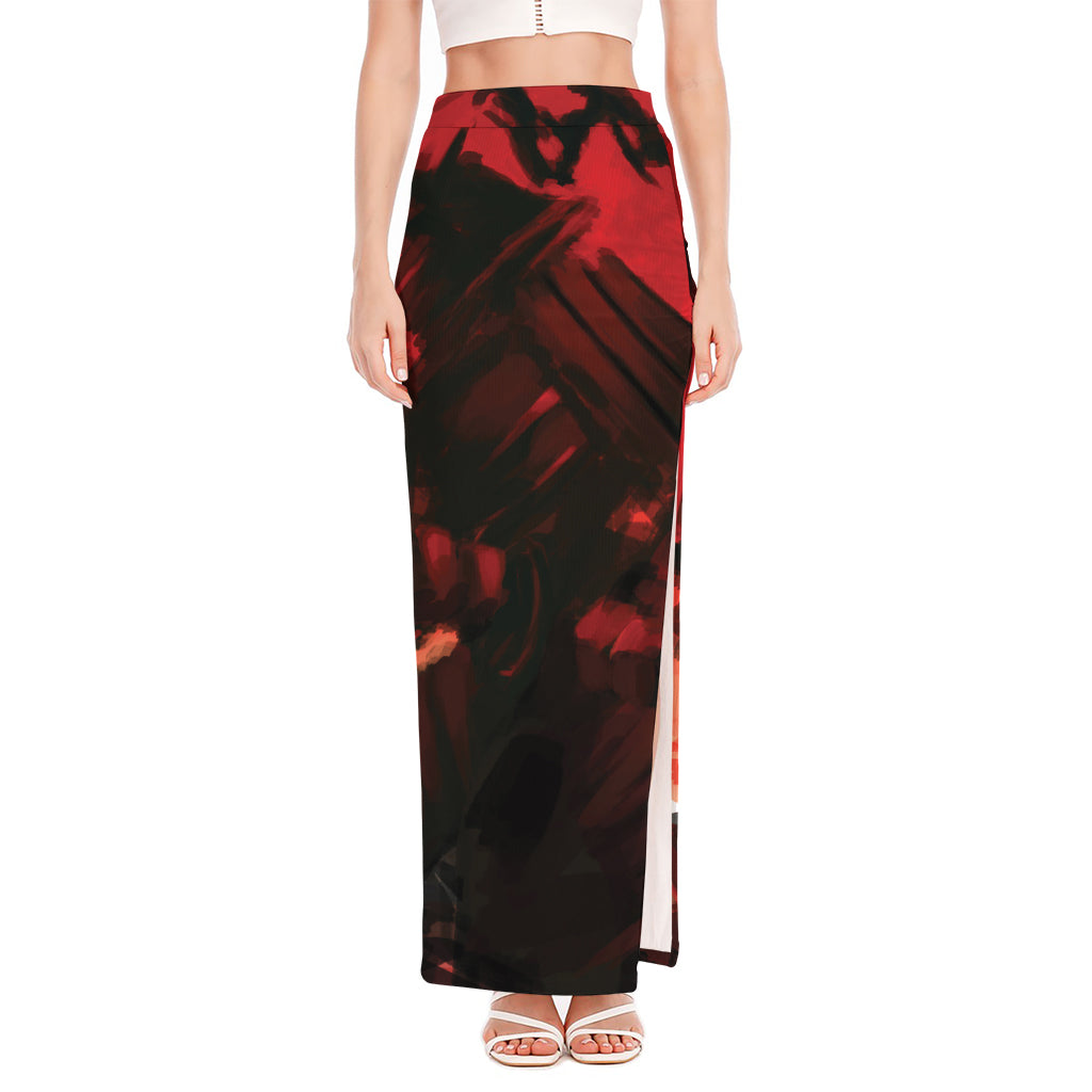 Red Sunset Samurai Print High Slit Maxi Skirt