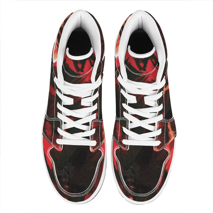 Red Sunset Samurai Print High Top Leather Sneakers