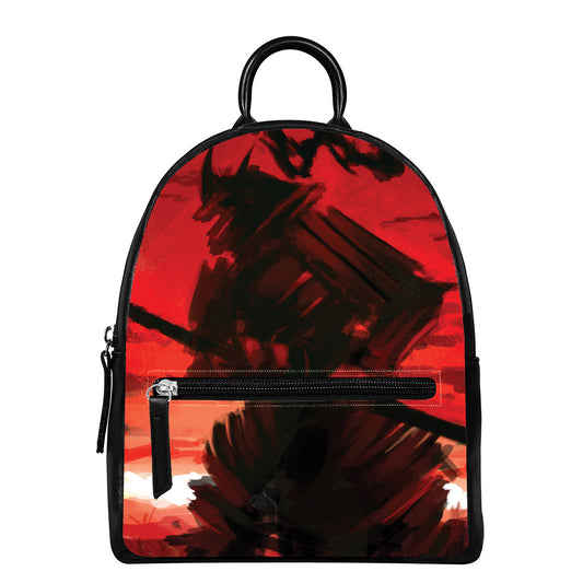 Red Sunset Samurai Print Leather Backpack