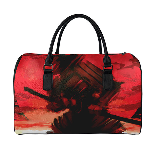 Red Sunset Samurai Print Leather Duffle Bag