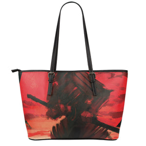 Red Sunset Samurai Print Leather Tote Bag