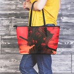 Red Sunset Samurai Print Leather Tote Bag