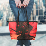 Red Sunset Samurai Print Leather Tote Bag