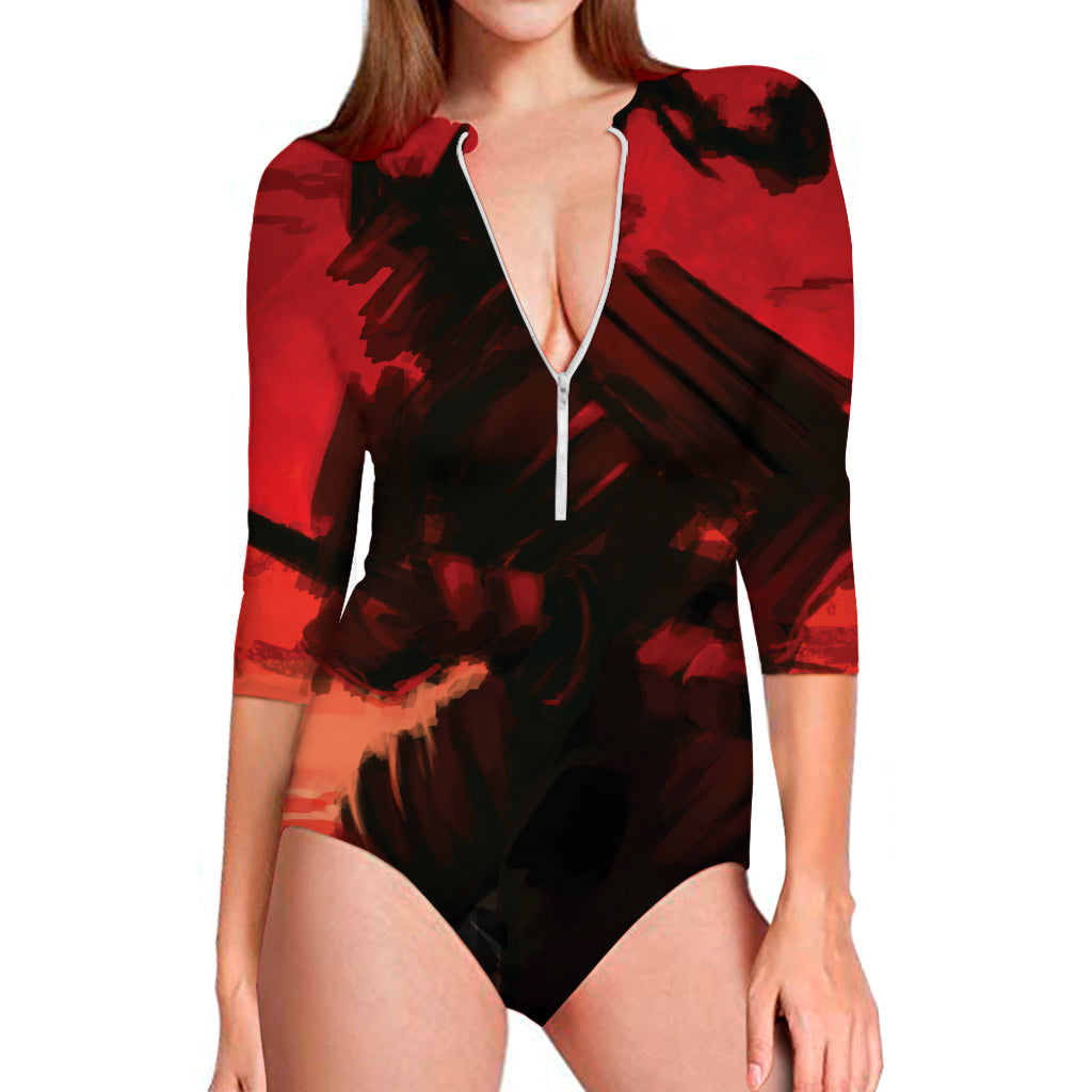 Red Sunset Samurai Print Long Sleeve Swimsuit