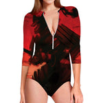 Red Sunset Samurai Print Long Sleeve Swimsuit