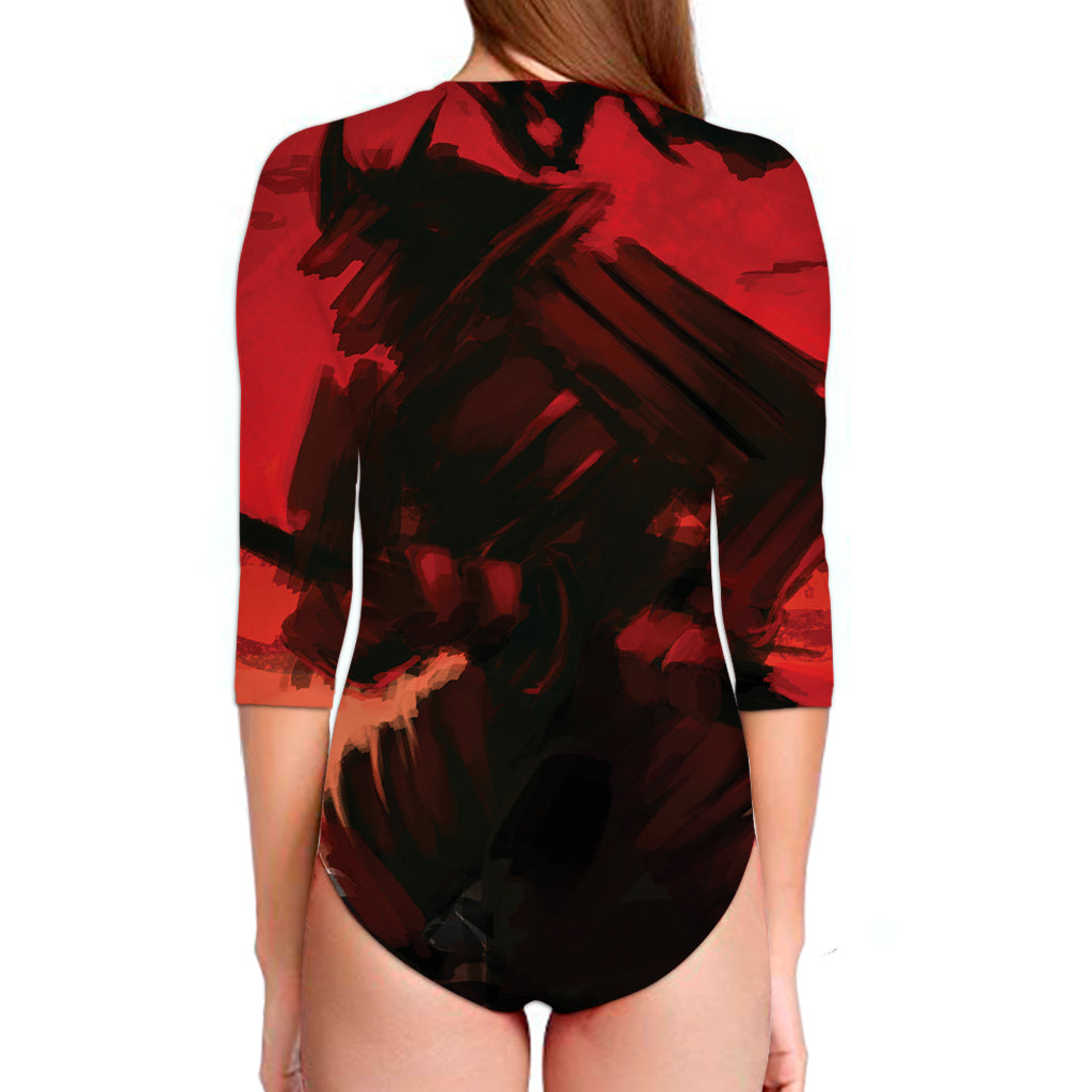 Red Sunset Samurai Print Long Sleeve Swimsuit