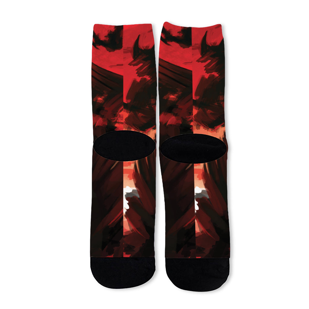 Red Sunset Samurai Print Long Socks
