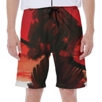 Red Sunset Samurai Print Men's Beach Shorts