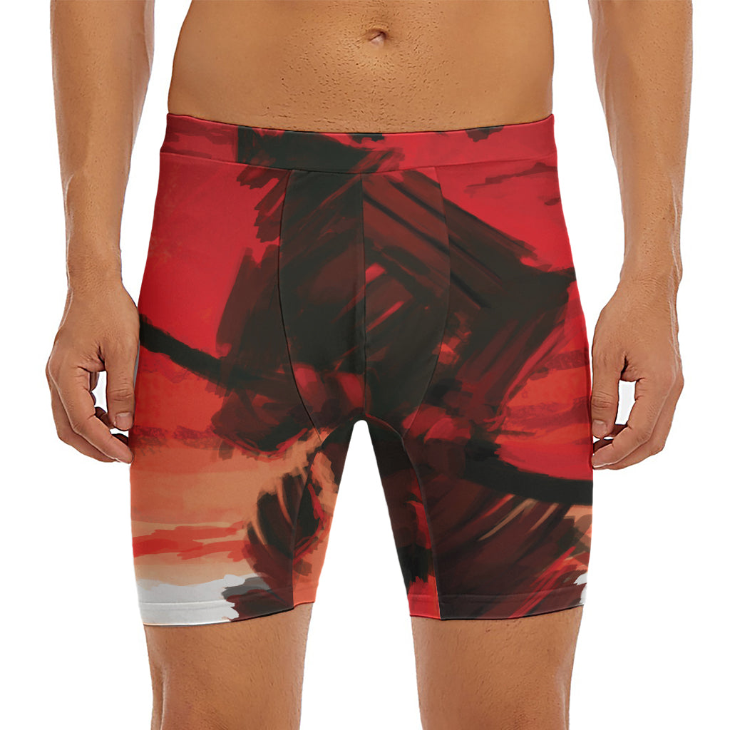 Red Sunset Samurai Print Men's Long Boxer Briefs
