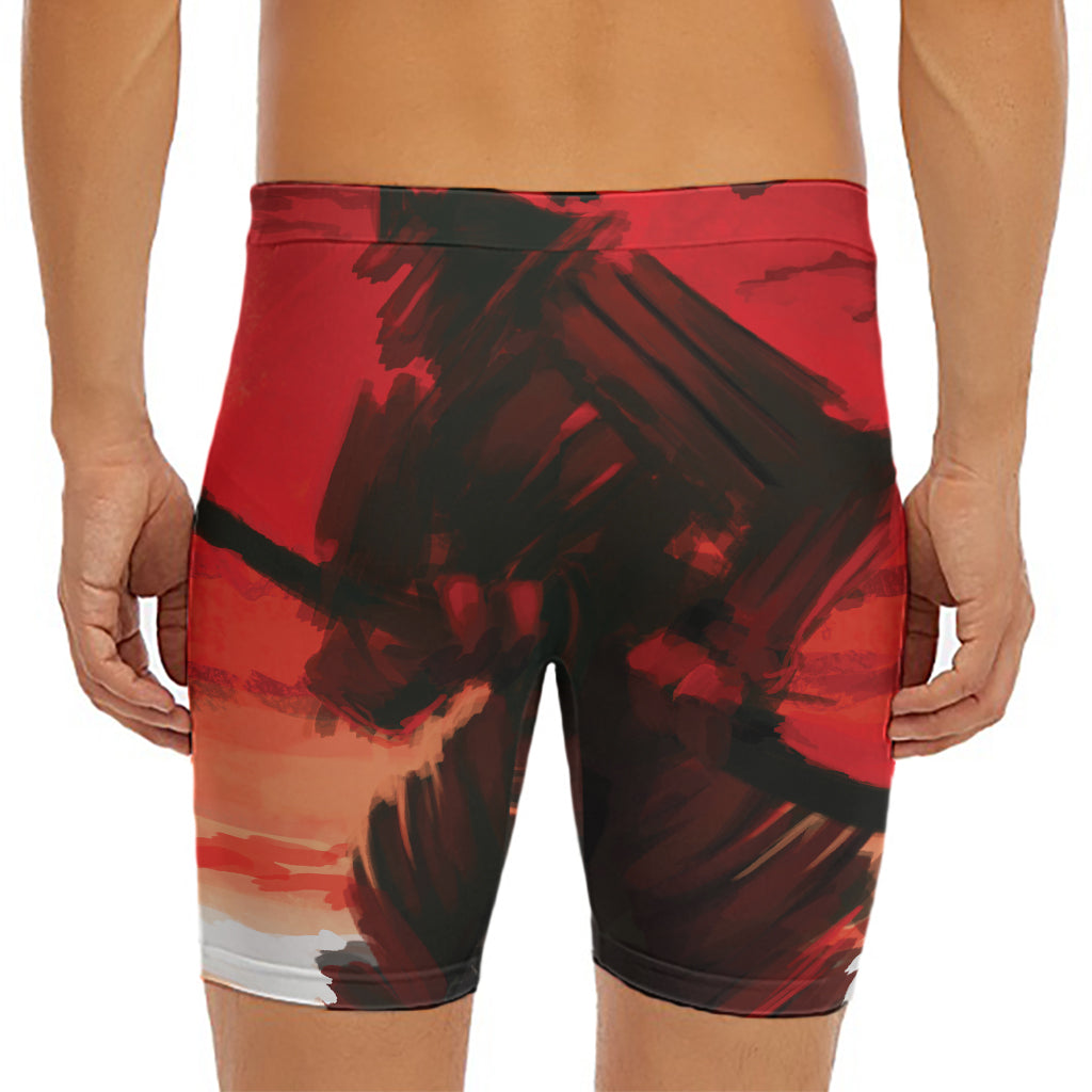 Red Sunset Samurai Print Men's Long Boxer Briefs