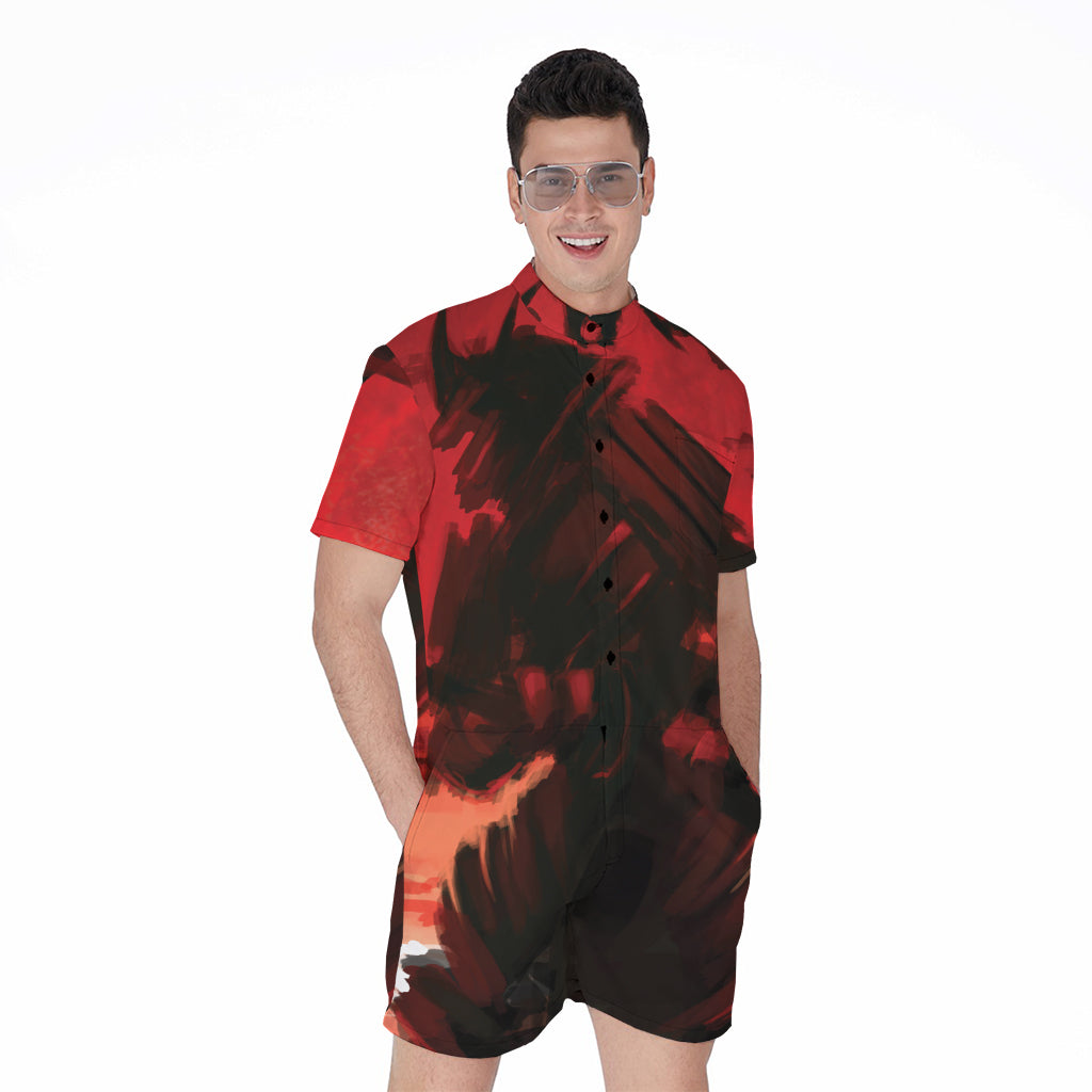Red Sunset Samurai Print Men's Rompers