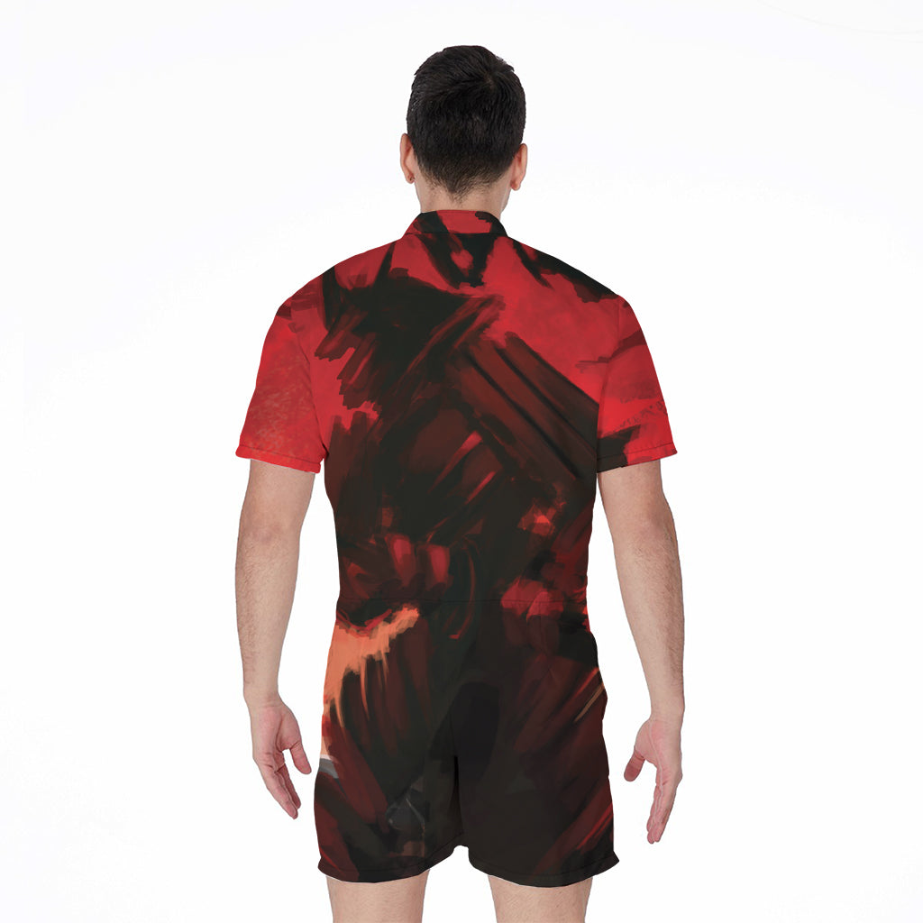 Red Sunset Samurai Print Men's Rompers